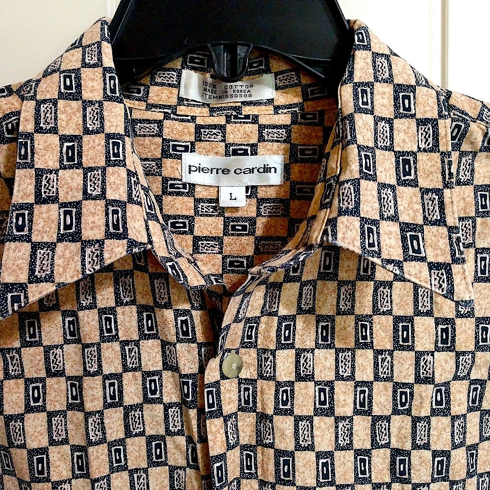 PIERRE CARDIN Button Down Blue & Tan Short Sleeve Large Shirt